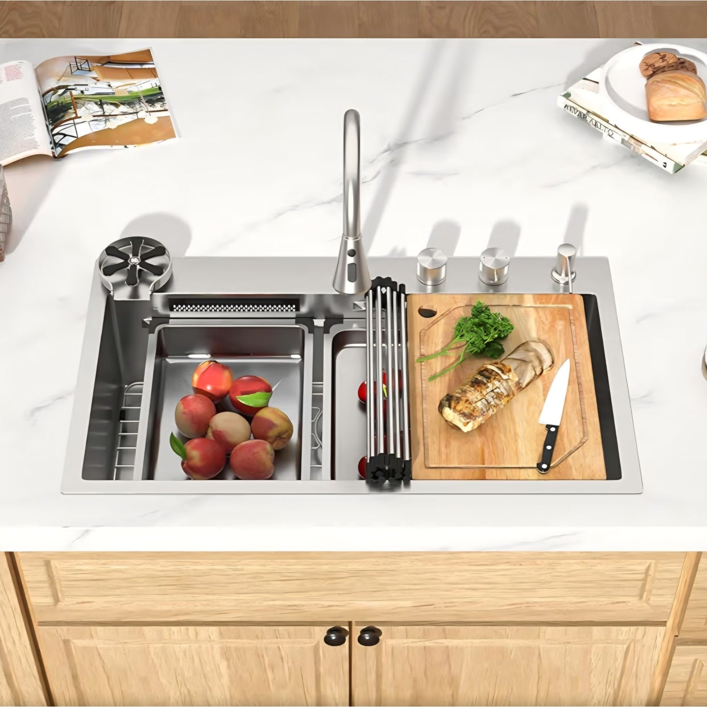 33 Inch Luxury Waterfall Kitchen Sink - Drop In Smart Kitchen Sink 33x22 Multifunctional Workstatio