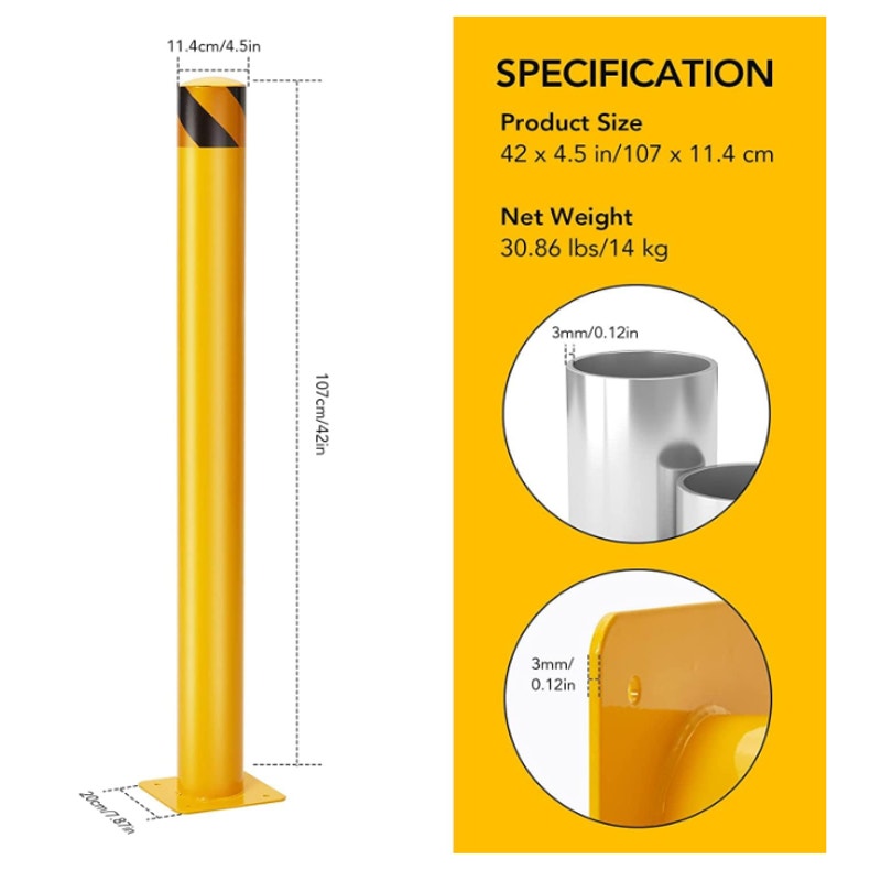 Safety Bollard 6 Packs, Garvee 42 in Height Bollard Post, 4.5 in Diameter, Yellow Safety Steel