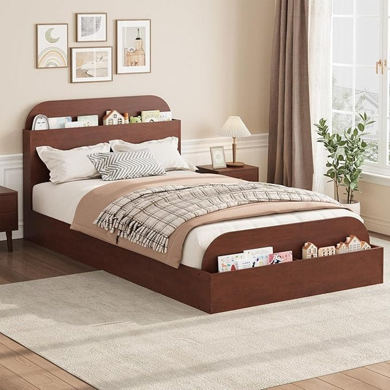 GarveeHome Twin Size Bed Frame, Wooden Beds, Storage Headboard & Raised-Foodboard for Kid, Espresso