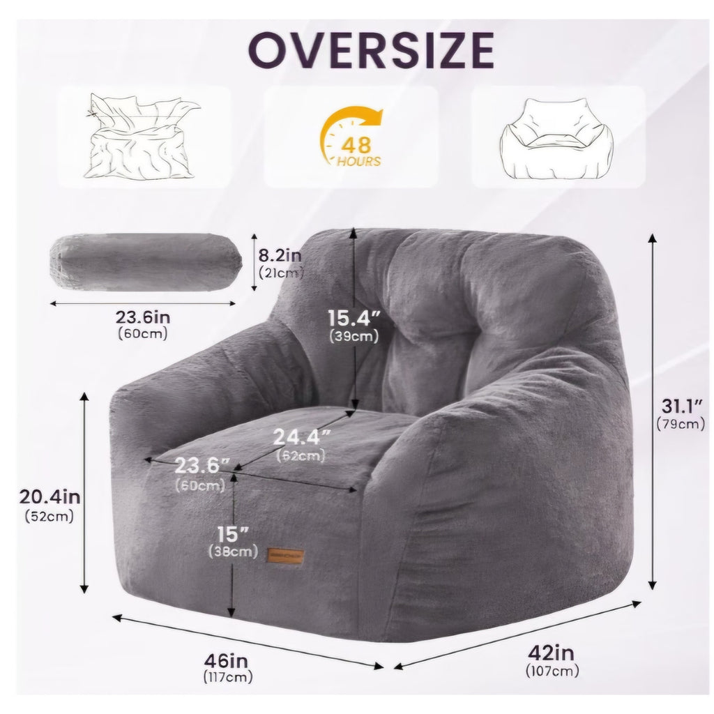 Giant Bean Bag Chair with Lumbar Pillow & Armrests, Oversized Dark Gray Faux Fur Bean Bag Couch