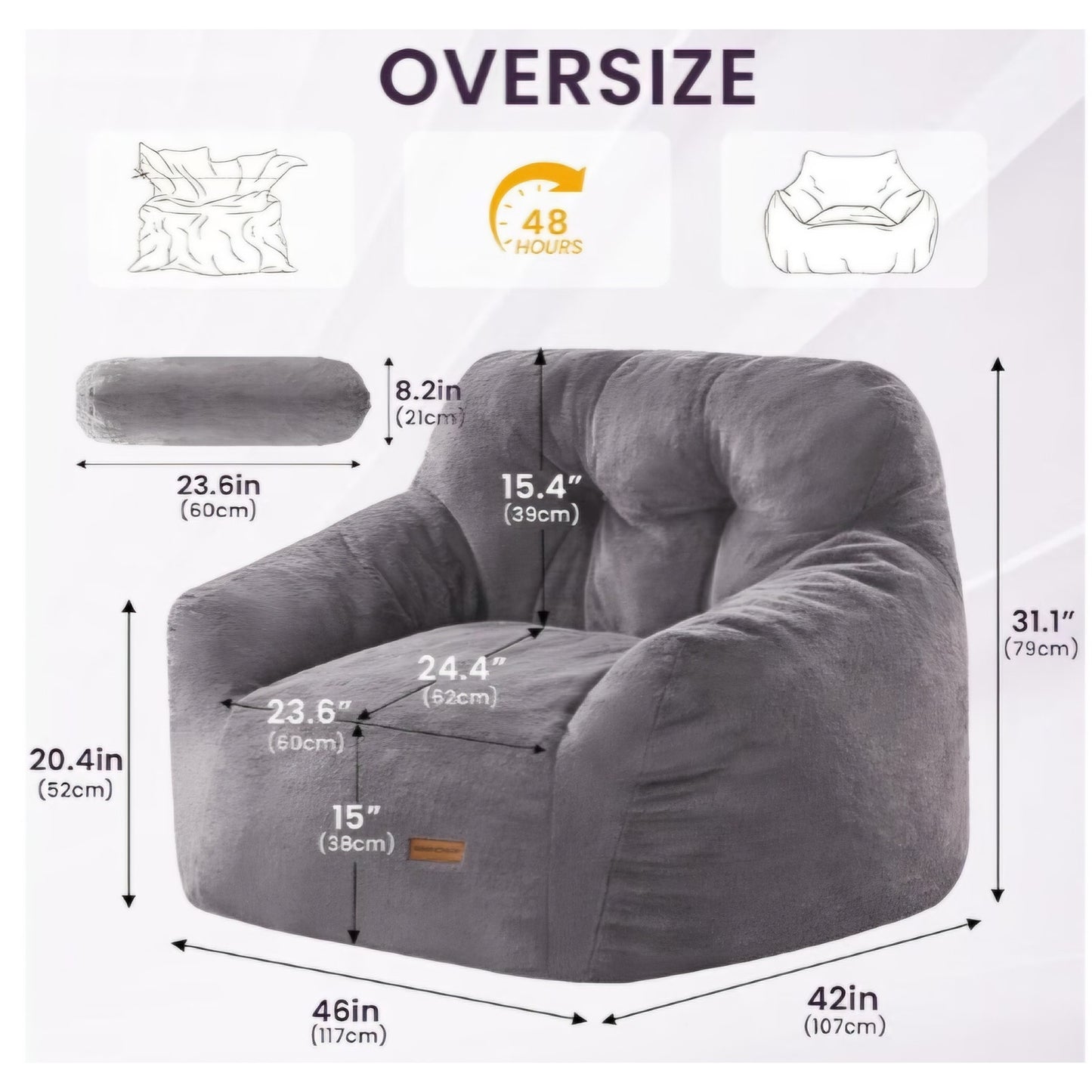 Giant Bean Bag Chair with Lumbar Pillow & Armrests, Oversized Dark Gray Faux Fur Bean Bag Couch