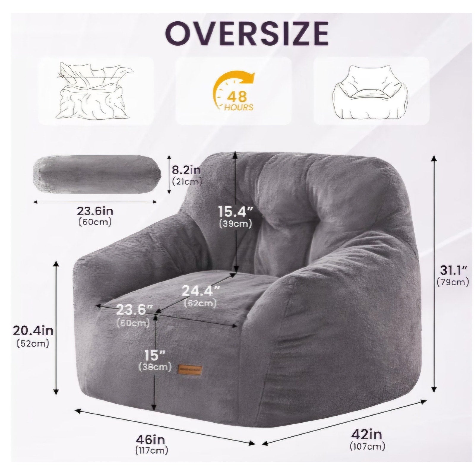 Giant Bean Bag Chair with Lumbar Pillow & Armrests, Oversized Dark Gray Faux Fur Bean Bag Couch