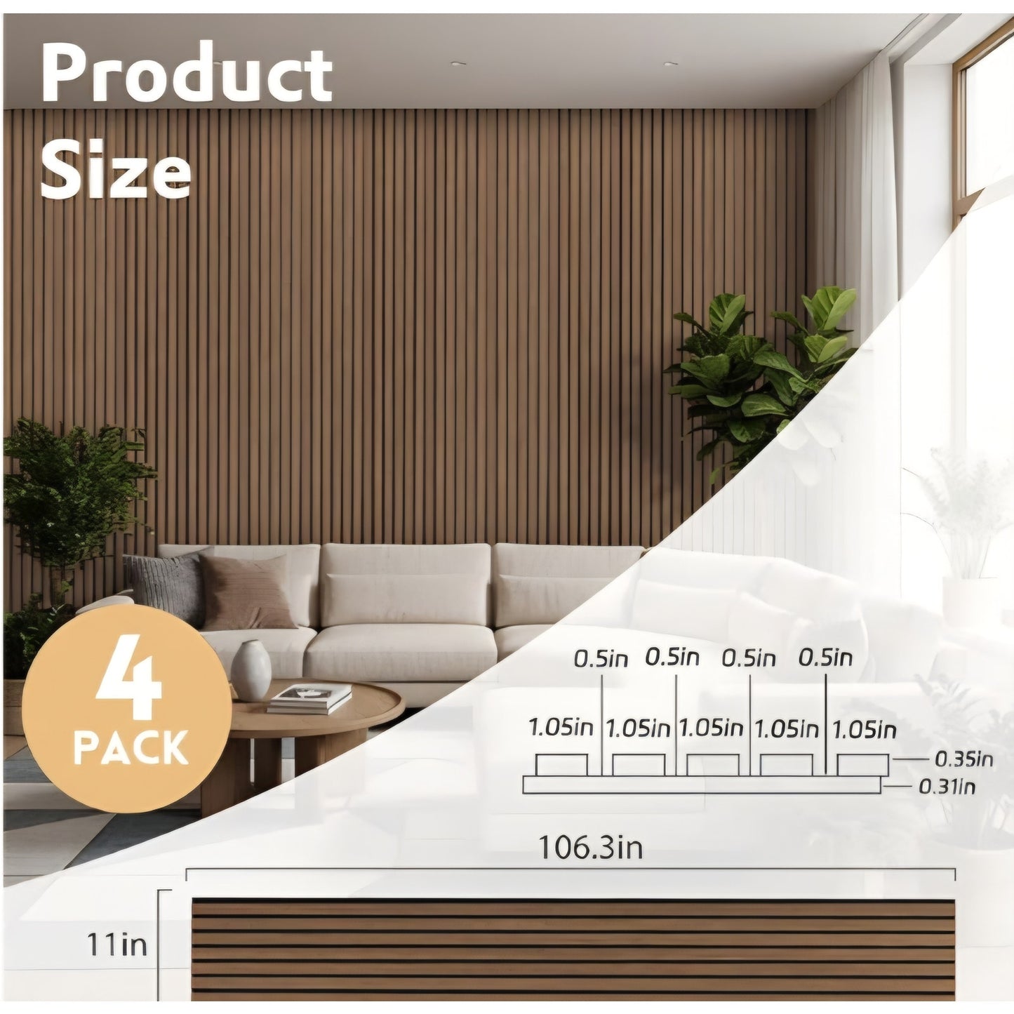 4 Pack Wood Panels for Wall, 106.3" × 11" Wood Slat Acoustic Panels for Wall,  Walnut