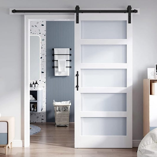 36x84 In Glass Sliding Barn Door Slab & 6.6ft Hardware Kit Incl 5 Frosted Glass, Simple DIY Assembly