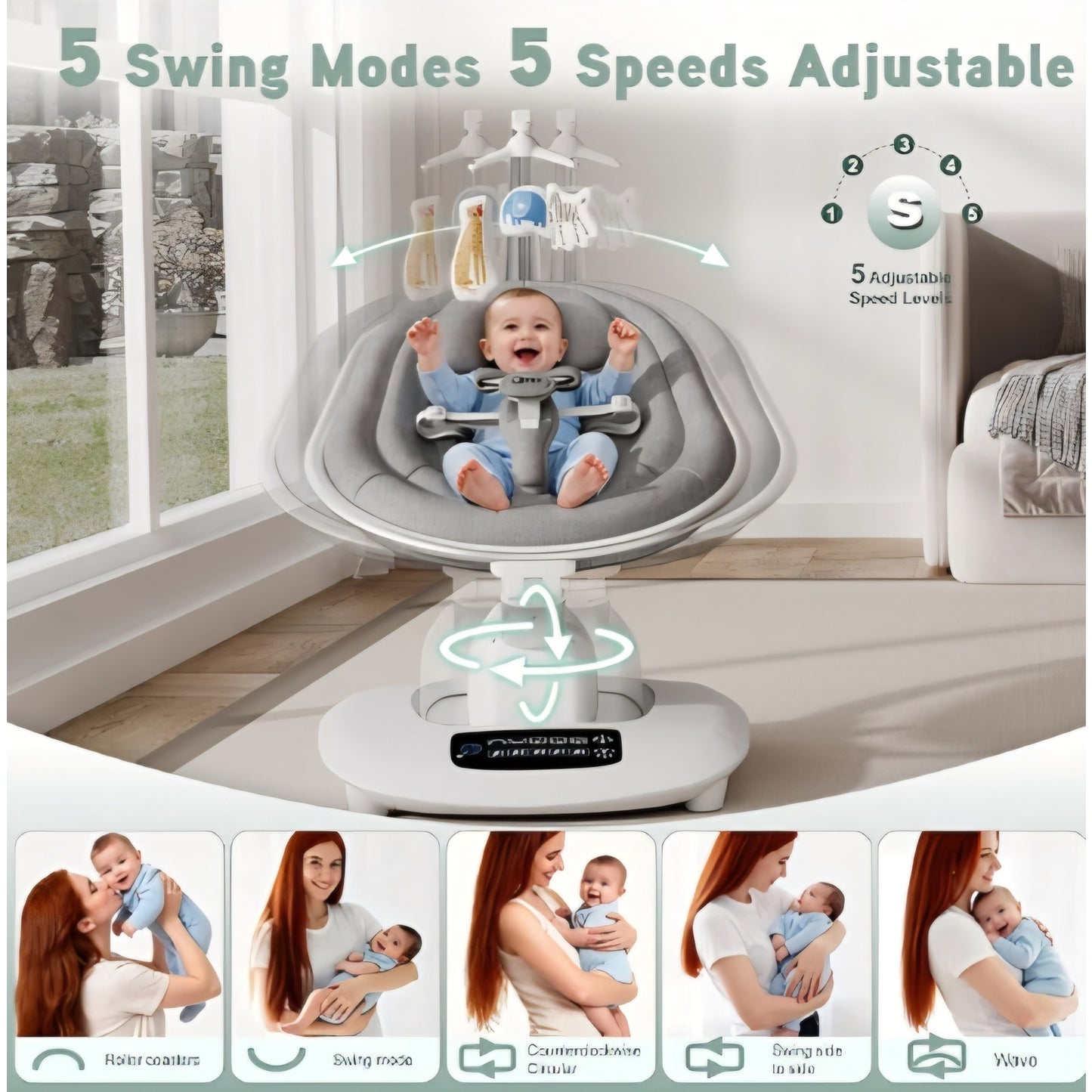 Luxury Electric Baby Swing Rocker for Infants, 5 Soothing Motions & Speeds, 3-Position Recline