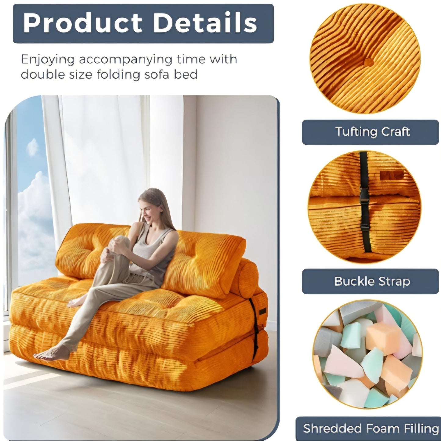 Folding Sofa Bed, Convertible Sleeper Chair with Pillow Foldable Matress with Back Support