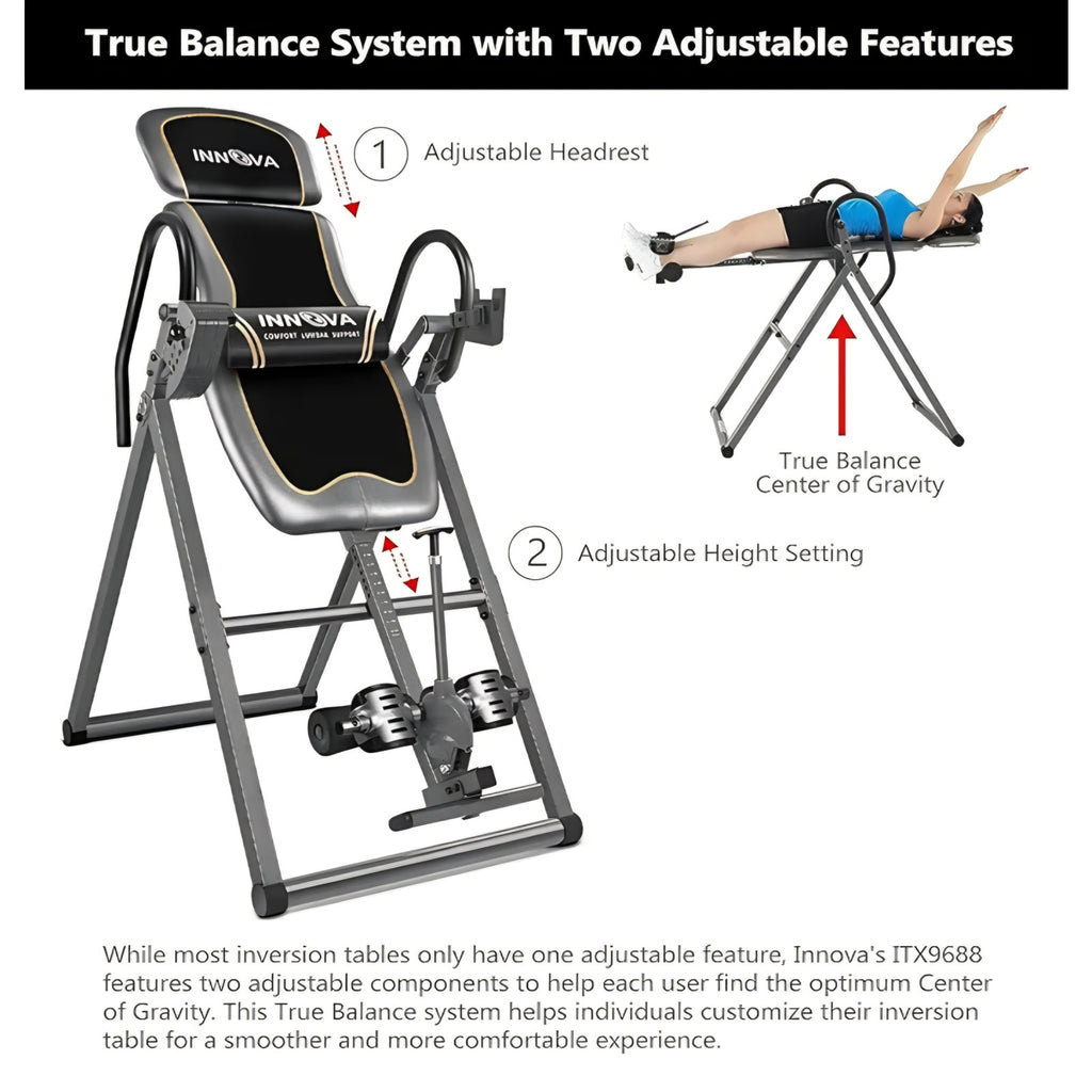 Innova Inversion Table with Adjustable Headrest, Reversible Ankle Holders, and 300 lb Weight Cap