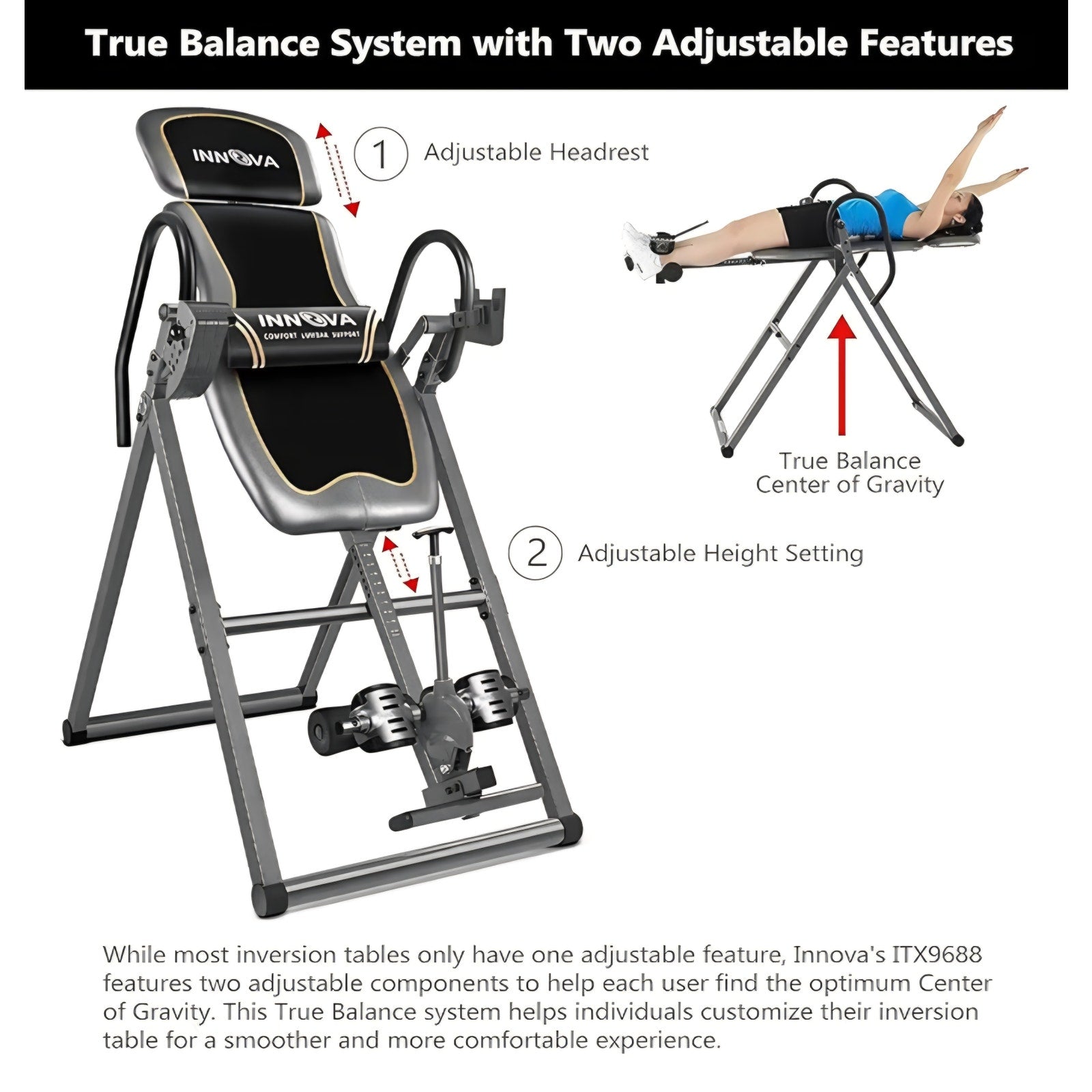Innova Inversion Table with Adjustable Headrest, Reversible Ankle Holders, and 300 lb Weight Cap