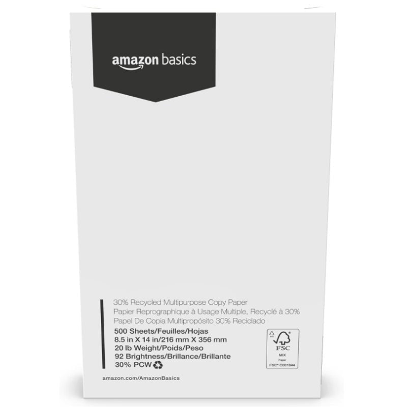 Amazon Basics 30% Recycled Multipurpose Copy & Print Paper, 8.5 x 14 in, 20 lb