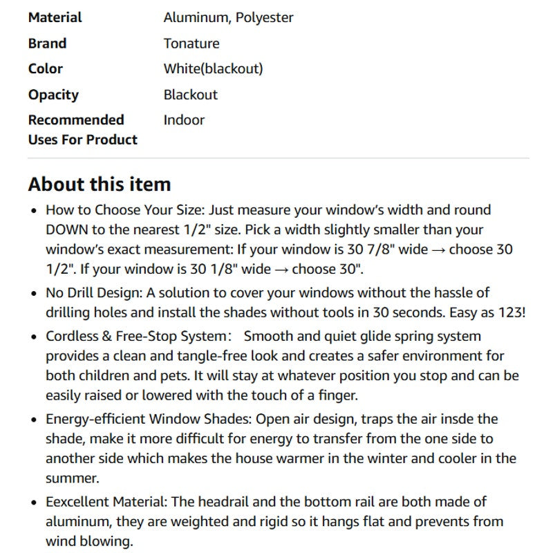 Tonature No Drill Cellular Shades for Indoor Windows, Cordless Blackout, White,59 1/2" W x 64"H