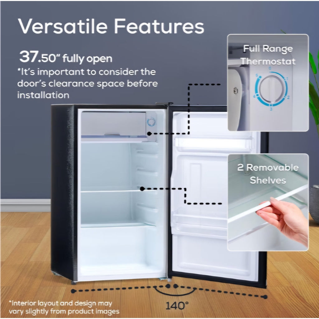 3.2 Cu.Ft. Mini Fridge with Freezer - Single Door Compact Refrigerator with Glass Shelves for Homes