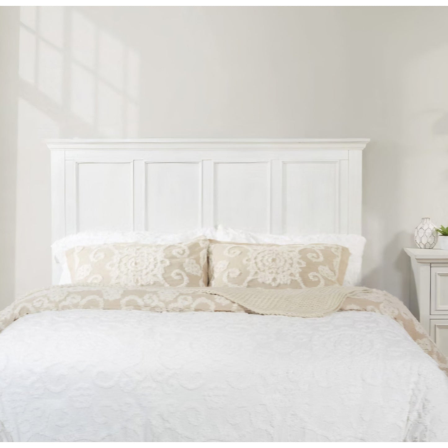 OSP Home Furnishings Farmhouse Basics Queen Headboard Only, Rustic White Finish