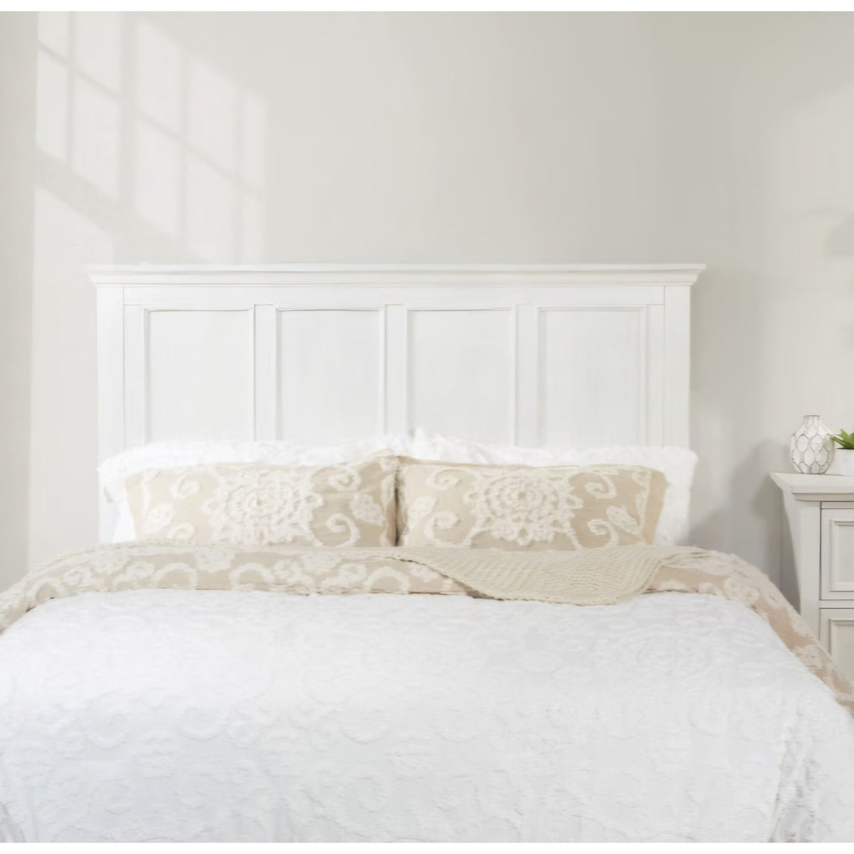 OSP Home Furnishings Farmhouse Basics Queen Headboard Only, Rustic White Finish