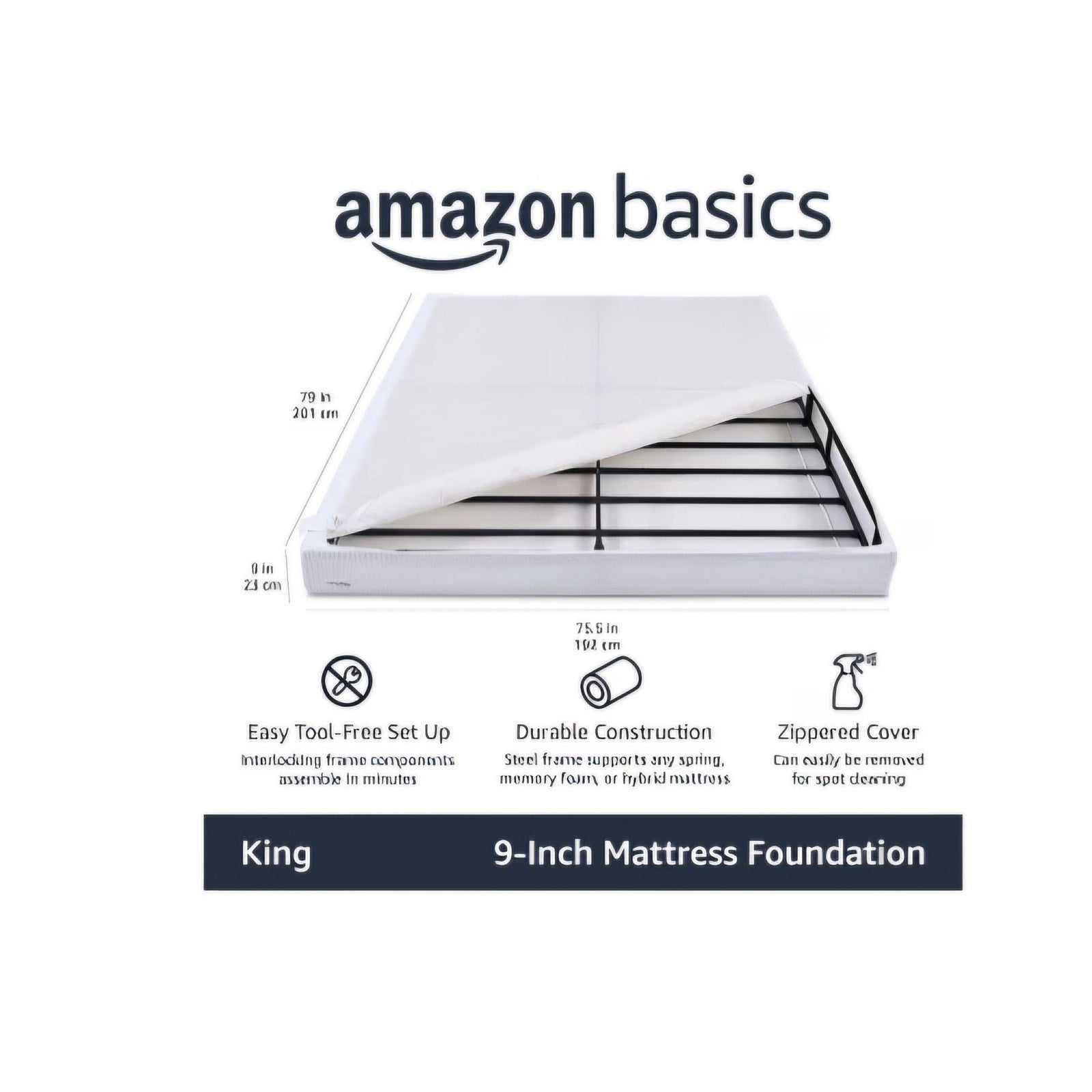 Smart Box Spring Bed Base, 9-Inch Height Sturdy Mattress Foundation, Strong Metal Support