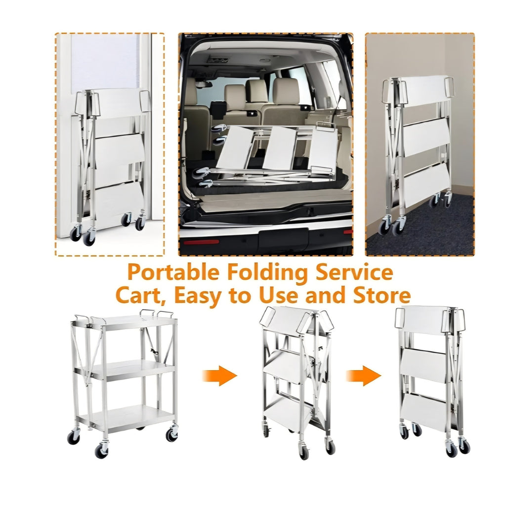 Trolley Heavy Duty Folding Utility Cart,Stainless Steel Collapsible Cart 133 Lbs Storage Rack