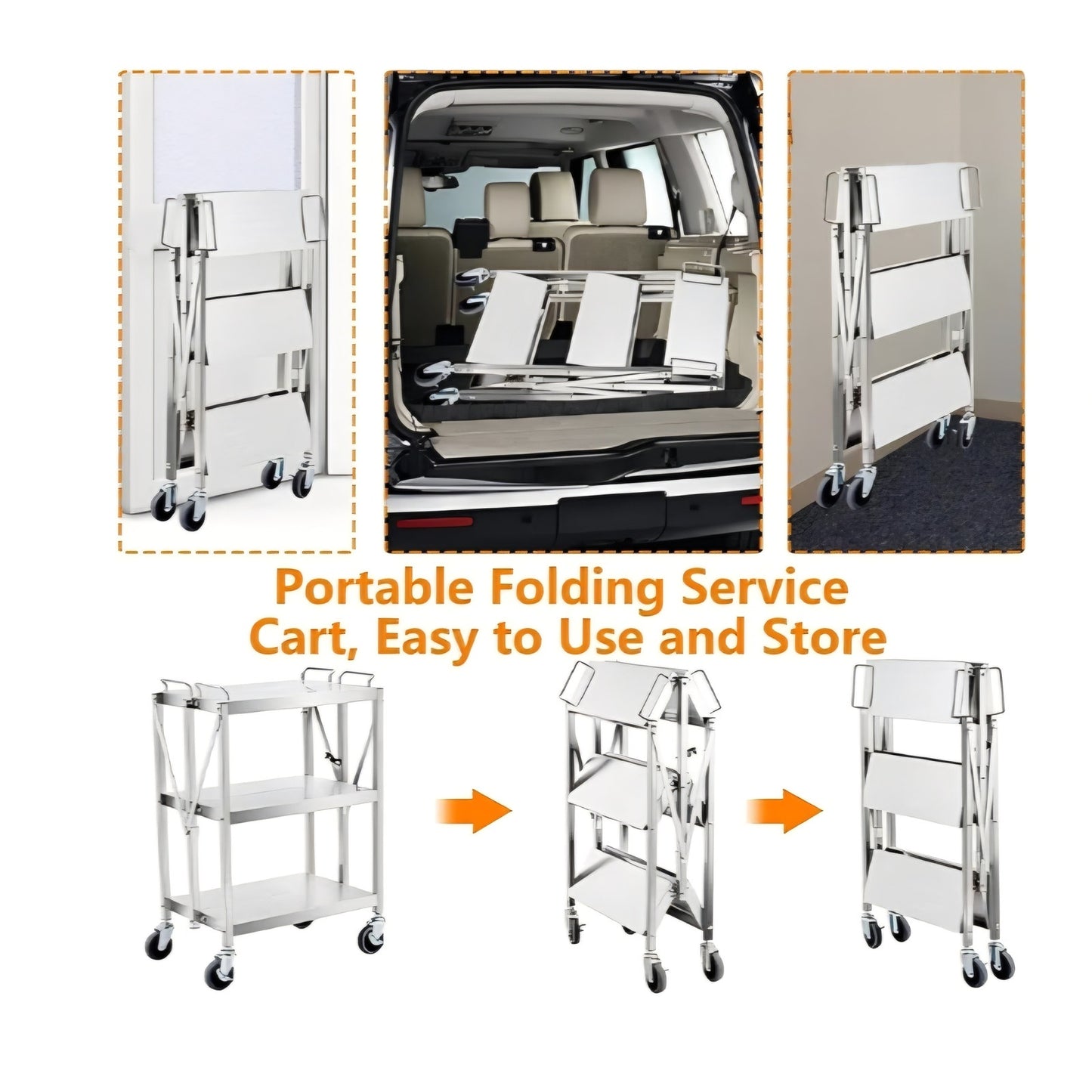 Trolley Heavy Duty Folding Utility Cart,Stainless Steel Collapsible Cart 133 Lbs Storage Rack