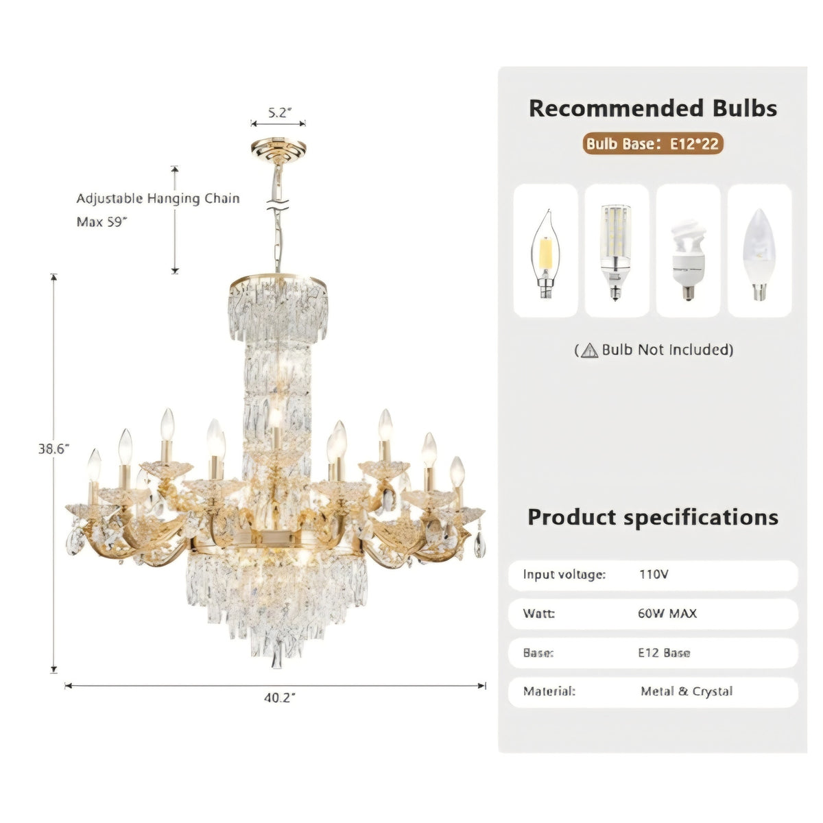 Gold Crystal Contemporary Chandelier Foyer Entryway Lighting, 2-Tier Large Foyer