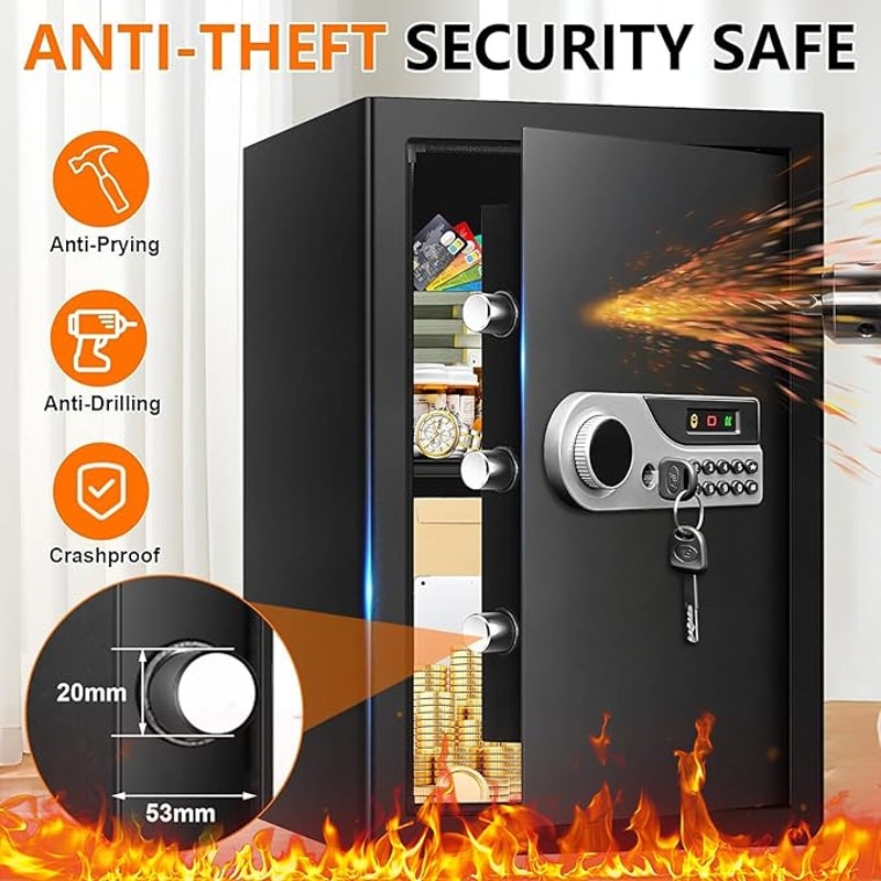 3.3 Cuft Large Home Safes Water and Fireproof, with Keypad Key and Removable Shelf, Document Safe