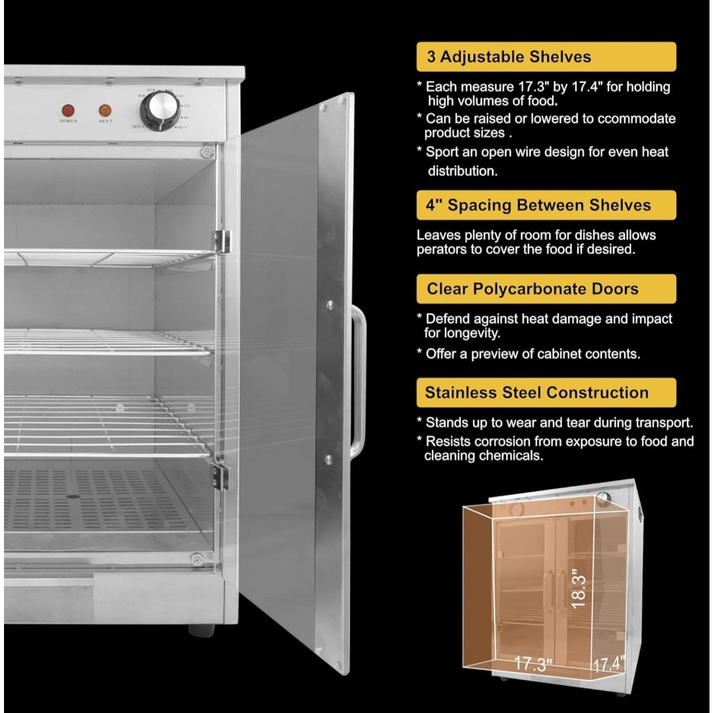 4-Shelf Electric Hot Box Food Warmer Accommodating up to (8) 16" Pizza Boxes, Countertop Heated
