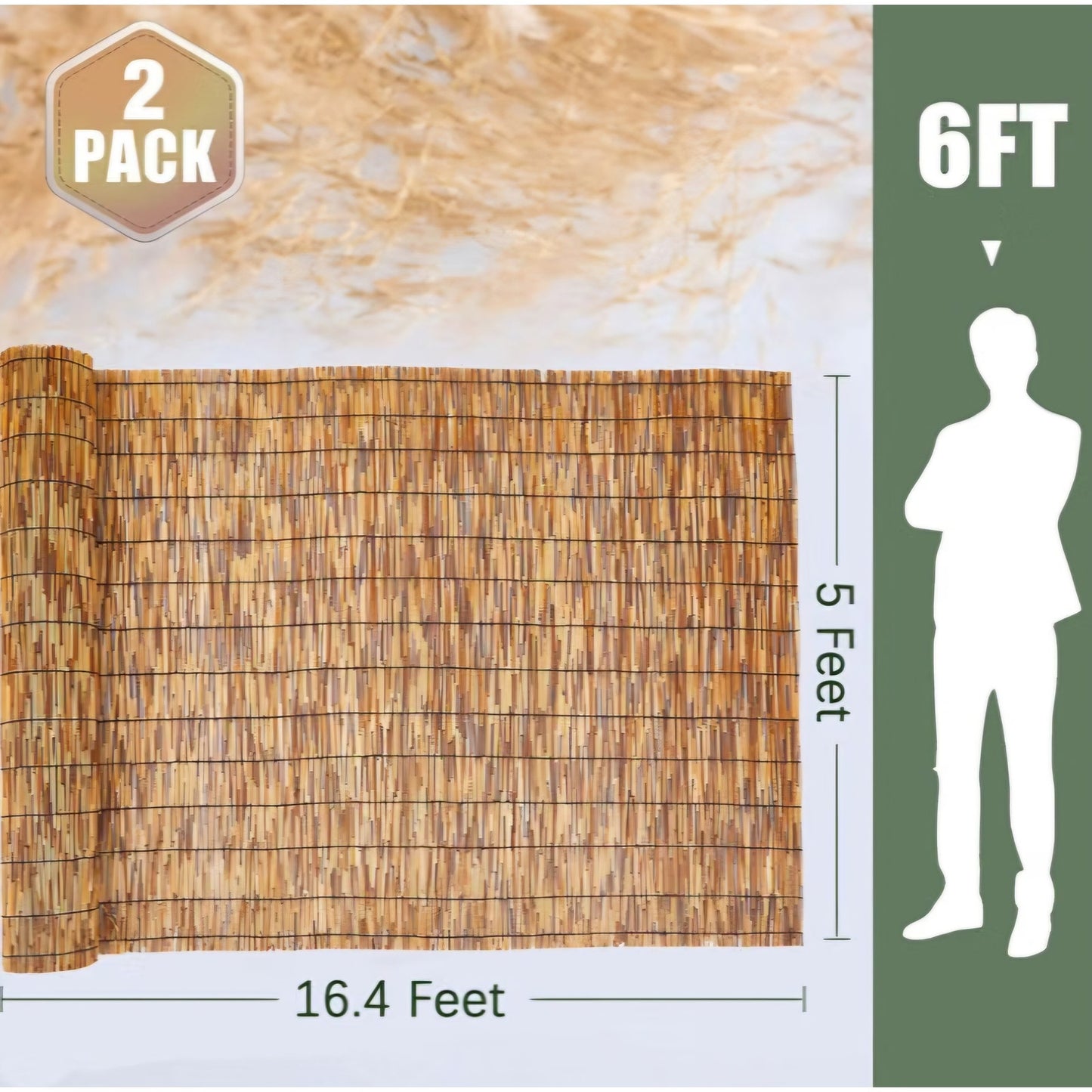 Barydat 2 Pcs 5 x 16.4 ft Reed Fence Roll, 85% Shade Bamboo Privacy Screen
