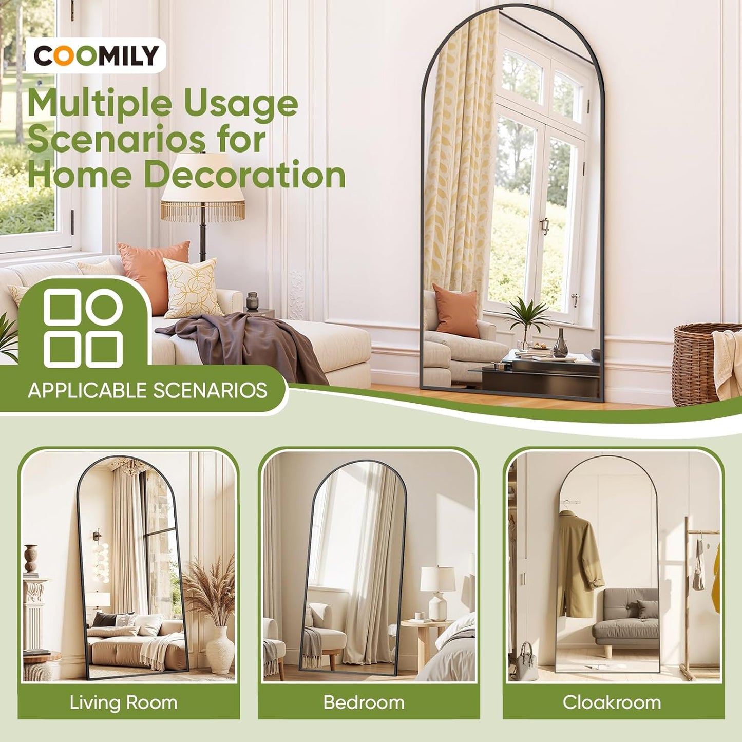 Full Length Mirror 86" L x 46" Full Body Standing, for Bedroom, Living Room, Arched Style Black
