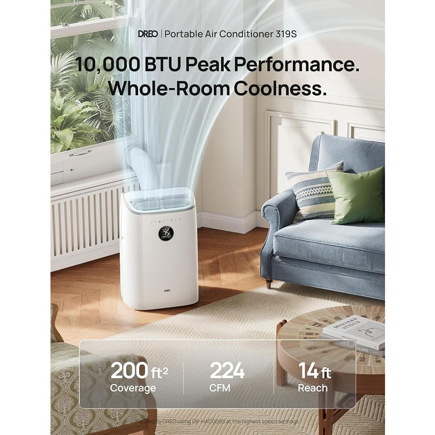 DREO Portable Air Conditioner 319S, 10000 BTU ASHRAE, 6000 BTU DOE, APP/Voice/Remote,  Room Indoors