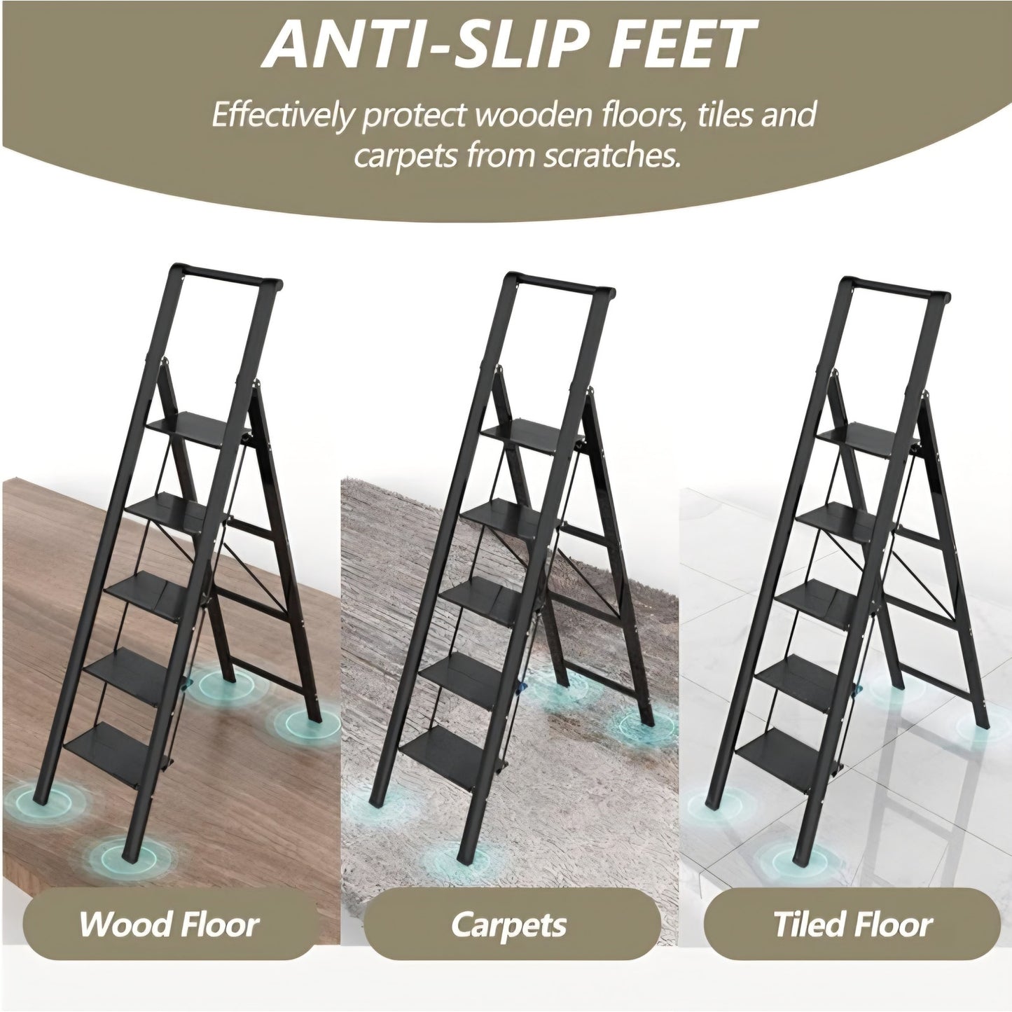 5 Step Ladder, Folding Step Stool, Portable Iron Foldable Black Ladder for 10 Foot High