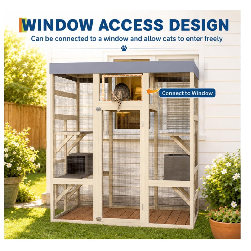 70" Large Outdoor Catio Cat Enclosure, Wood Cat Patio with Waterproof UV-Resistant Roof