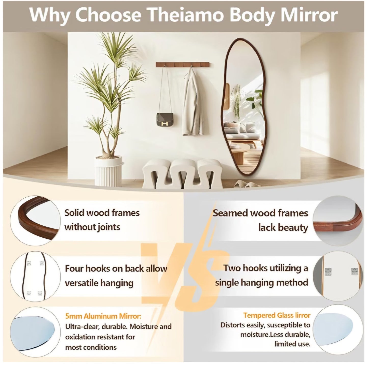 Irregular Full Length Mirror, 65"x22" Wood Full Body Mirror Walnut