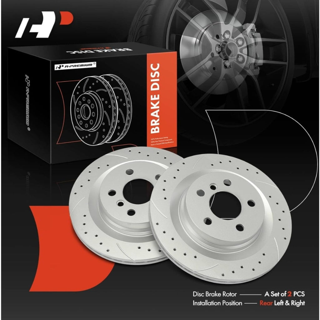 A-Premium 11.81 inch (300mm) Rear Drilled and Slotted Disc Brake Rotors Compatible with Select BMW