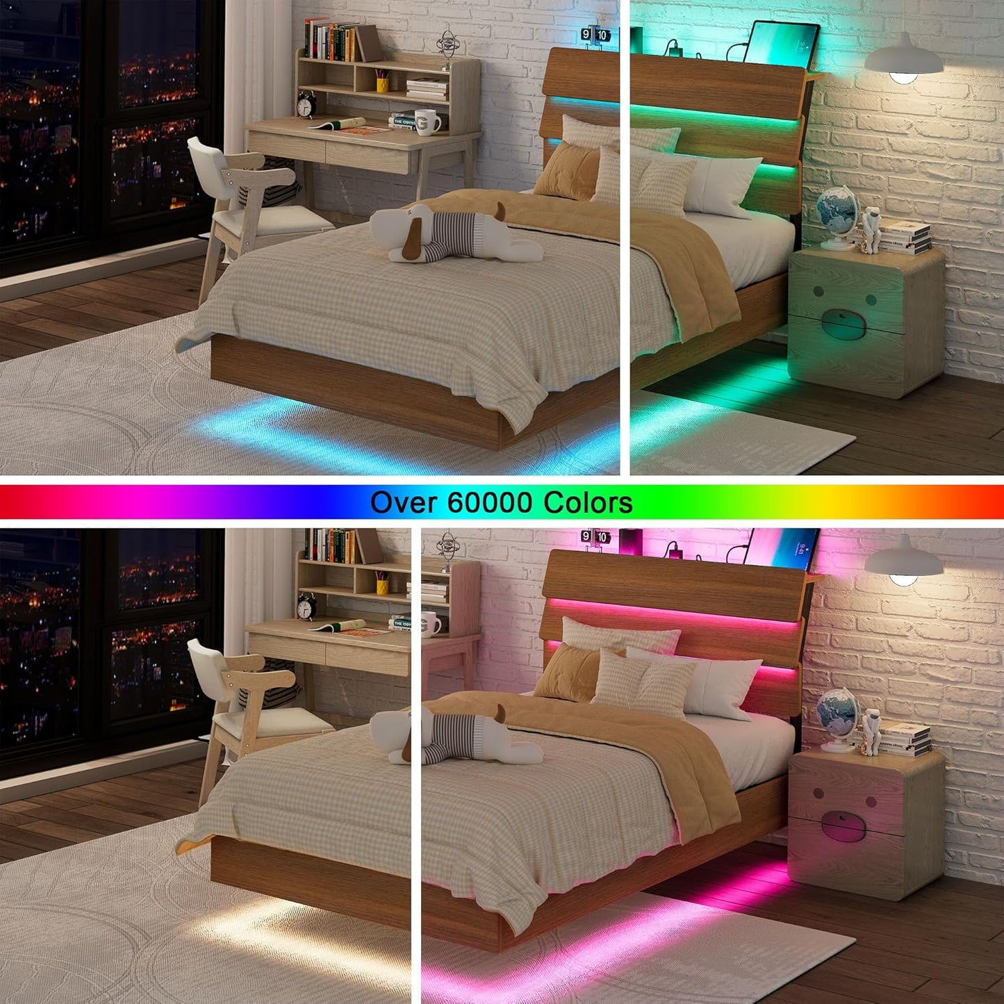 Feonase Floating Bed Frame Twin, Wood Full Size Bed Frame with Storage Headboard, Walnut