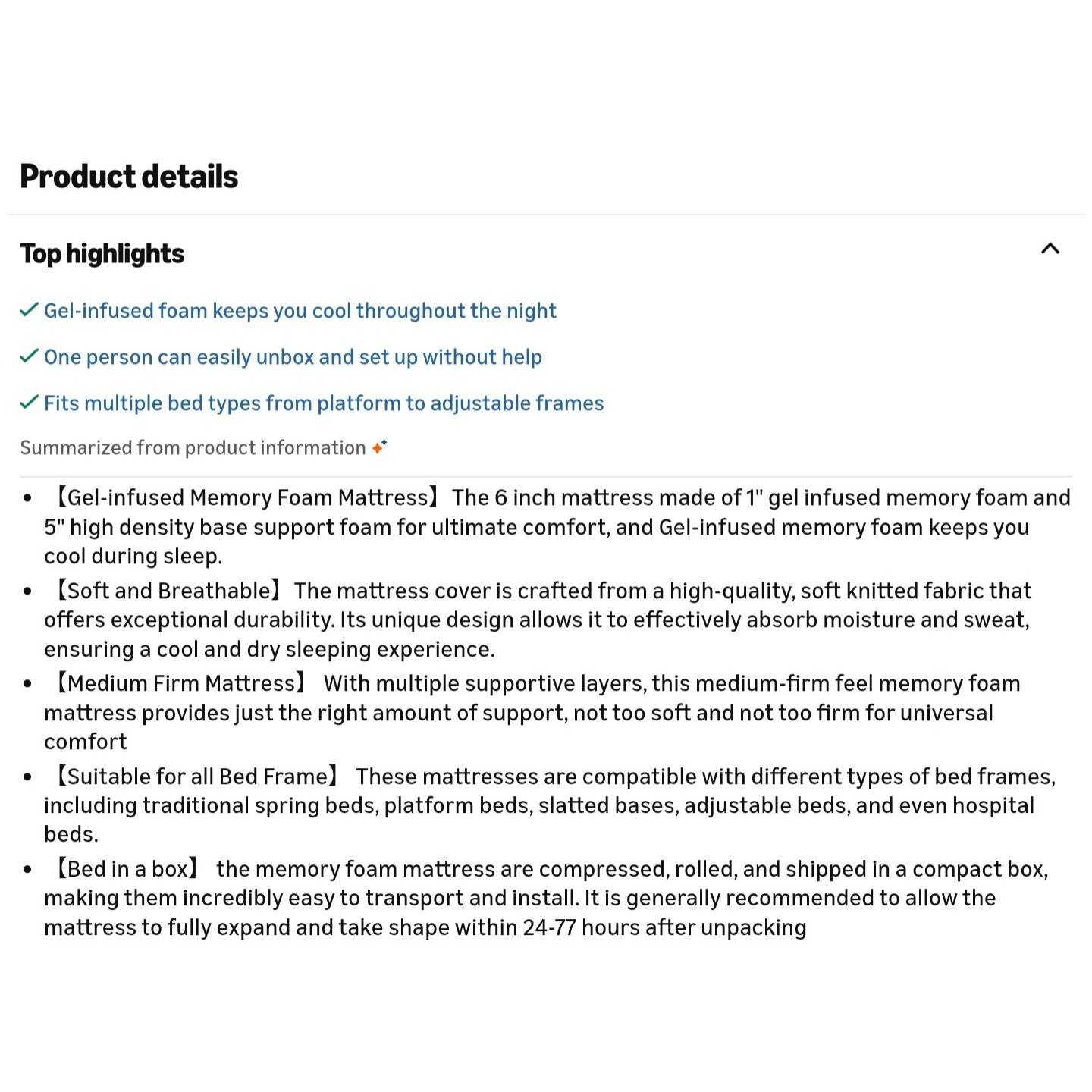 Twin-XL Mattress, 6 Inch Gel Infused Memory Foam Mattresses Medium-Firm Mattress