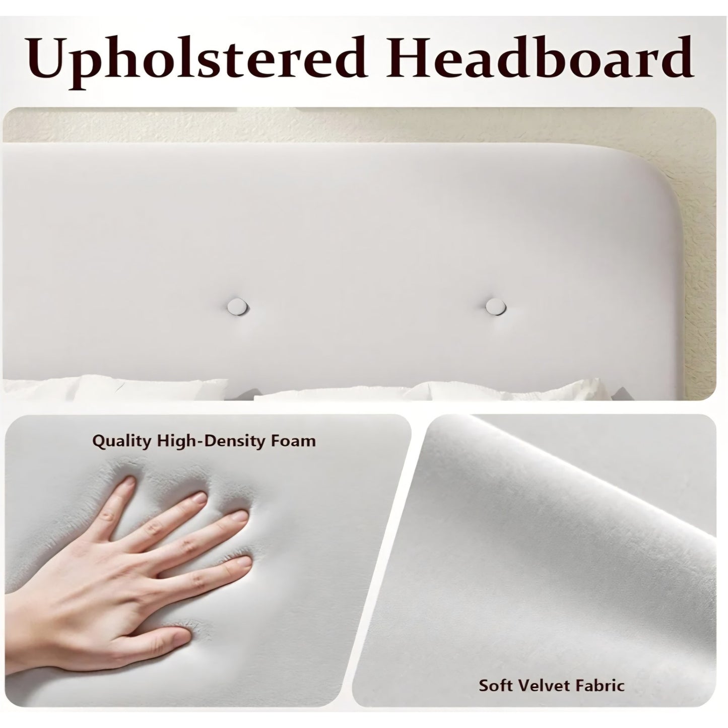 King Size Platform Bed Frame with Velvet Upholstered Headboard, Button Tufted Headboard