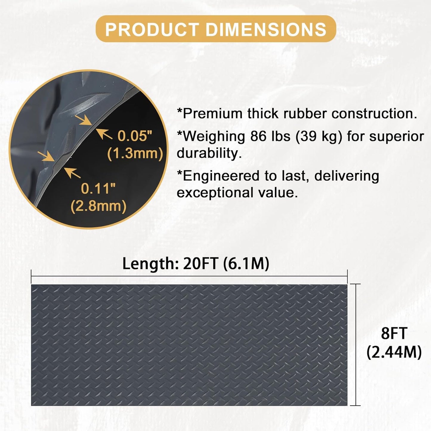 20x8 FT Dark Grey Garage Floor Mat, Heavy-Duty 0.11" Thickened PVC, Non-Slip Protection for Gym,