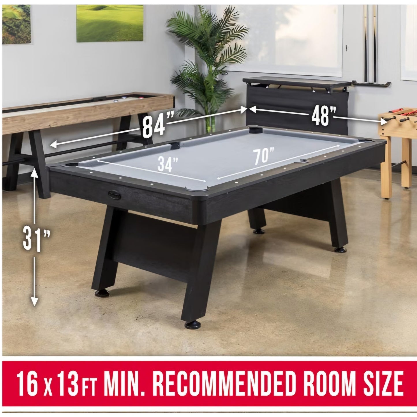 7 and 8 ft Pool Tables with Wood Finish - Gray, Black, or Green Felt Billiards Game Room Table