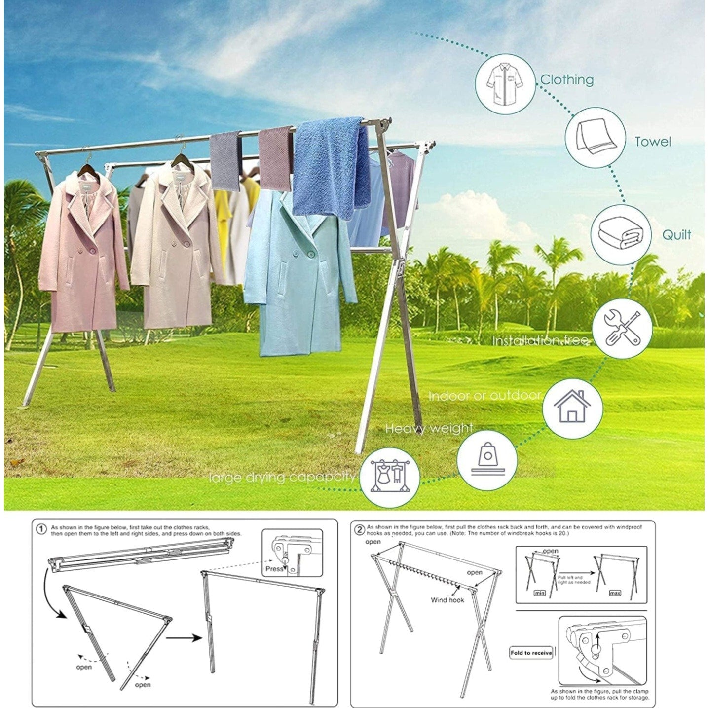 Clothes Drying Racks Outdoor, 95 Inches Updated Version,Stainless Steel LaundryDrying RackforIndoor