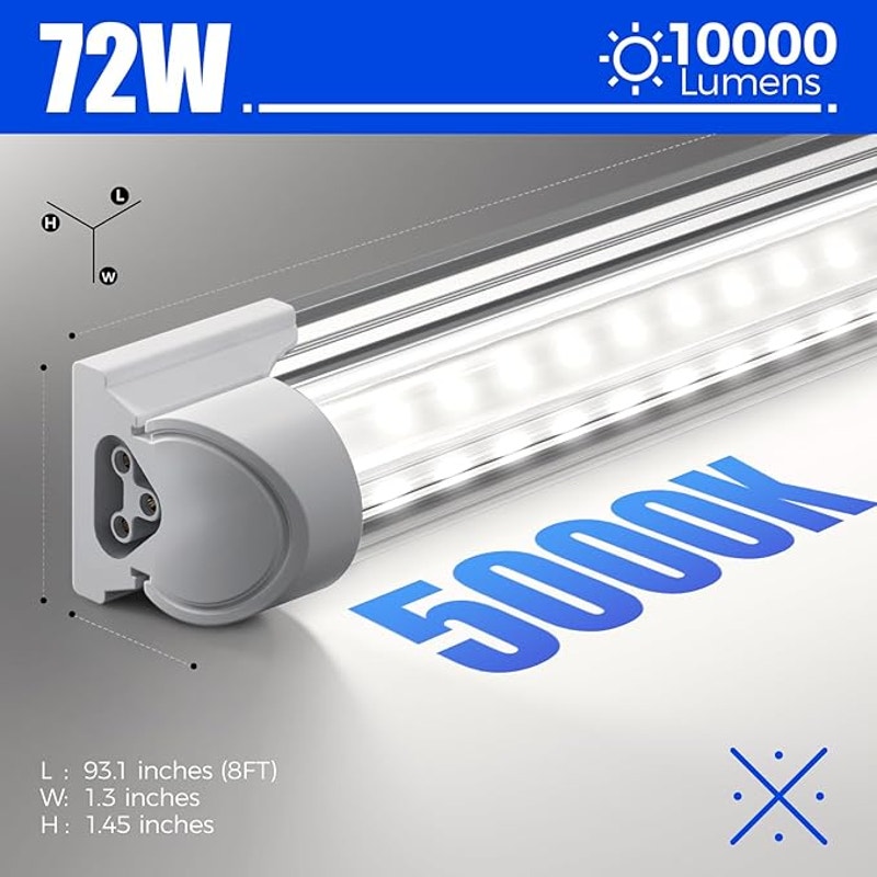 Barrina LED Shop Lights 8FT, 72W 10000LM 5000K, Daylight White, T8 LED Garage Lights, Plug, 10 Packs