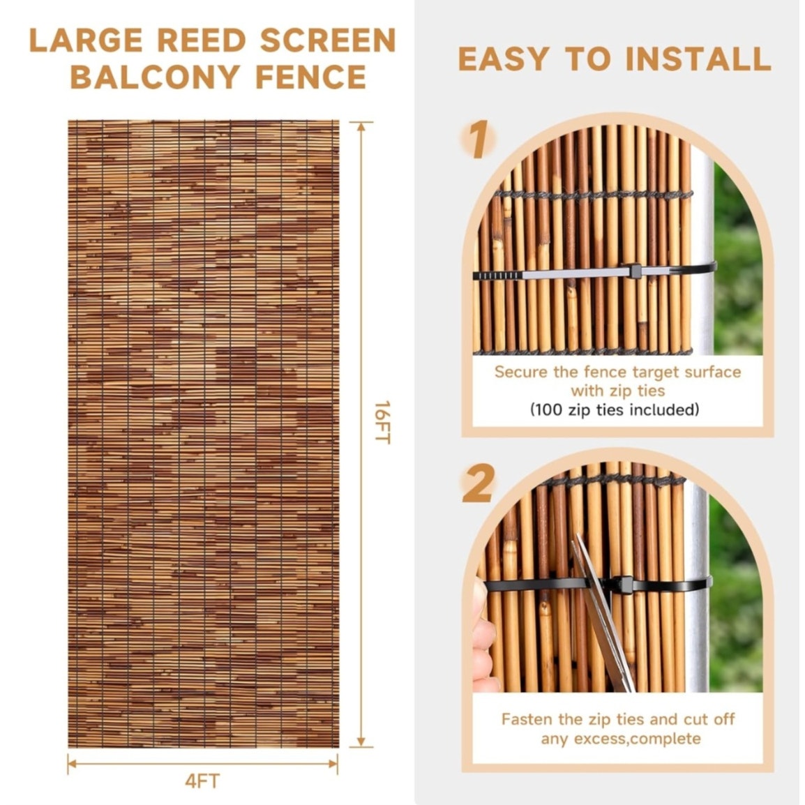 ZNCMRR Natural Reed Fencing Rolls,4FT X 16.4FT Reed Screen Curtain Balcony Reed Fence for Outdoor