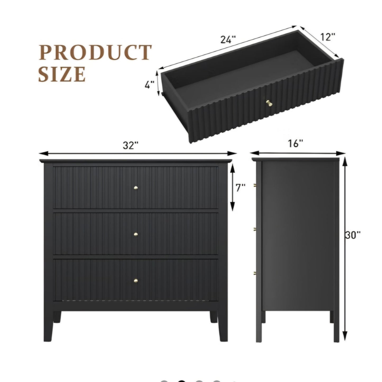RoyalCraft 32" Large Nightstand, Fluted Painted Bedside Table with 3 Spacious Drawers