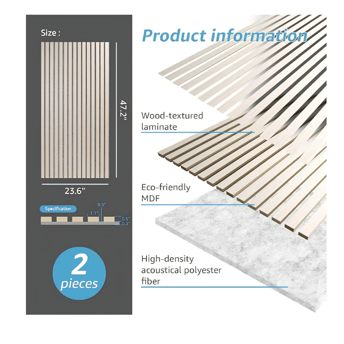 Art3d 2 Wood Slat Acoustic Panels for Wall and Ceiling - 3D Fluted Sound Absorbing Panel WHITE ELM