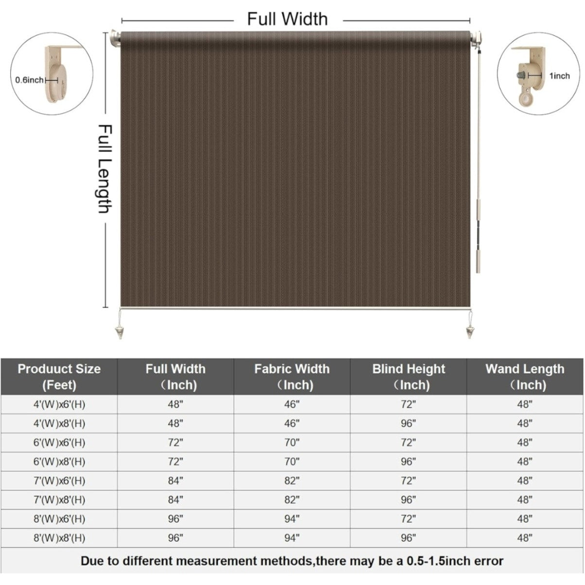 HENG FENG Outdoor Roller Shade 6'(W) x6'(H) Cordless Exterior Roller Shade Patio Shades Roll up Outdoor Blinds for Patio Porch Gazebo Pergola,Mocha