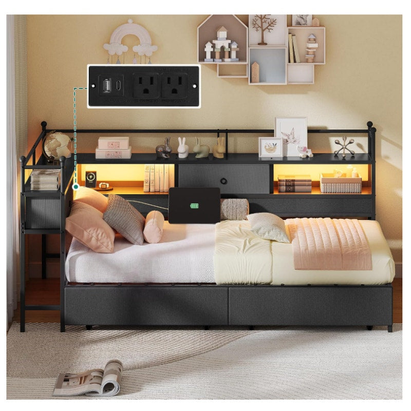 YITAHOME Twin Corner Bed Frame with Bookcase Storage and Led Lights