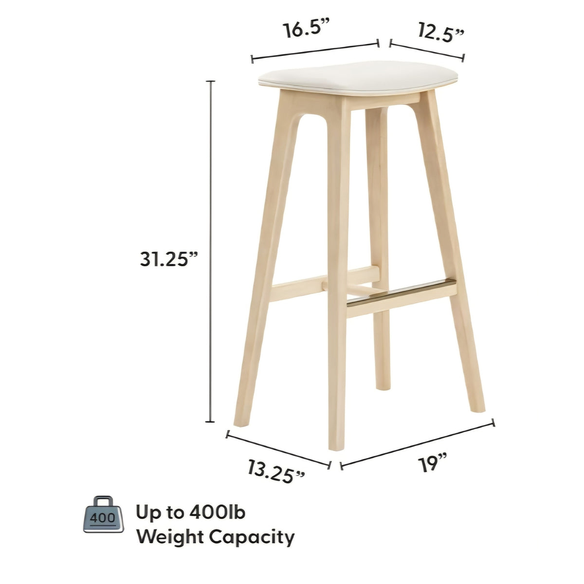Bar Height Stool - Mid-Century Modern Rubberwood Bar Stool with Faux Leather Seat