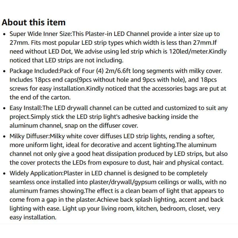 Besseto Plaster-in LED Channel 4 Pack 6.6FT/2 Meter Drywall Mud in LED Strip,8-27mm Width LED Strip
