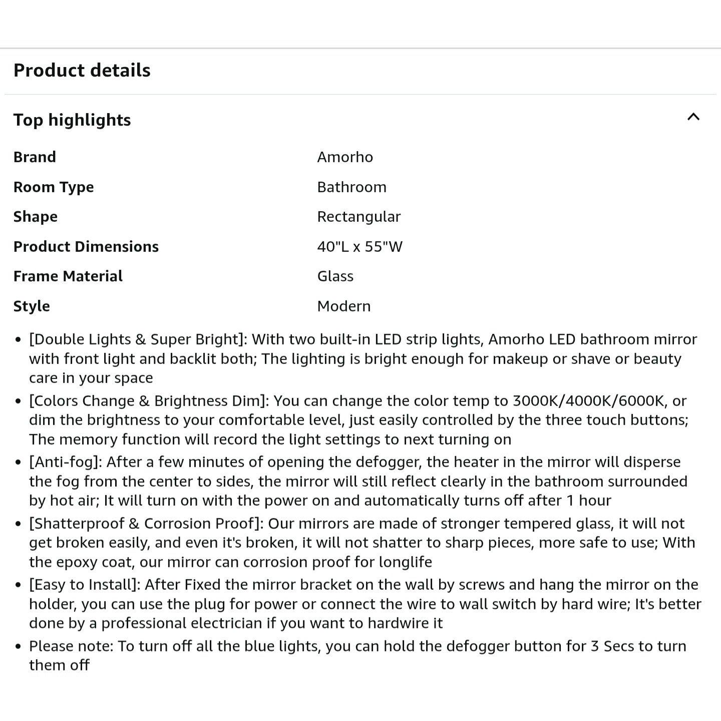 Amorho LED Bathroom Mirror 55"X40" with Front and Backlight, Stepless Dimmable Wall Mirrors