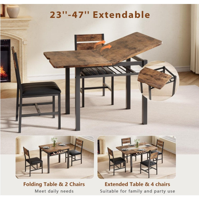 MapleGrace Extendable Dining Table Set for 4 with Built-in Shelf Rack Brown