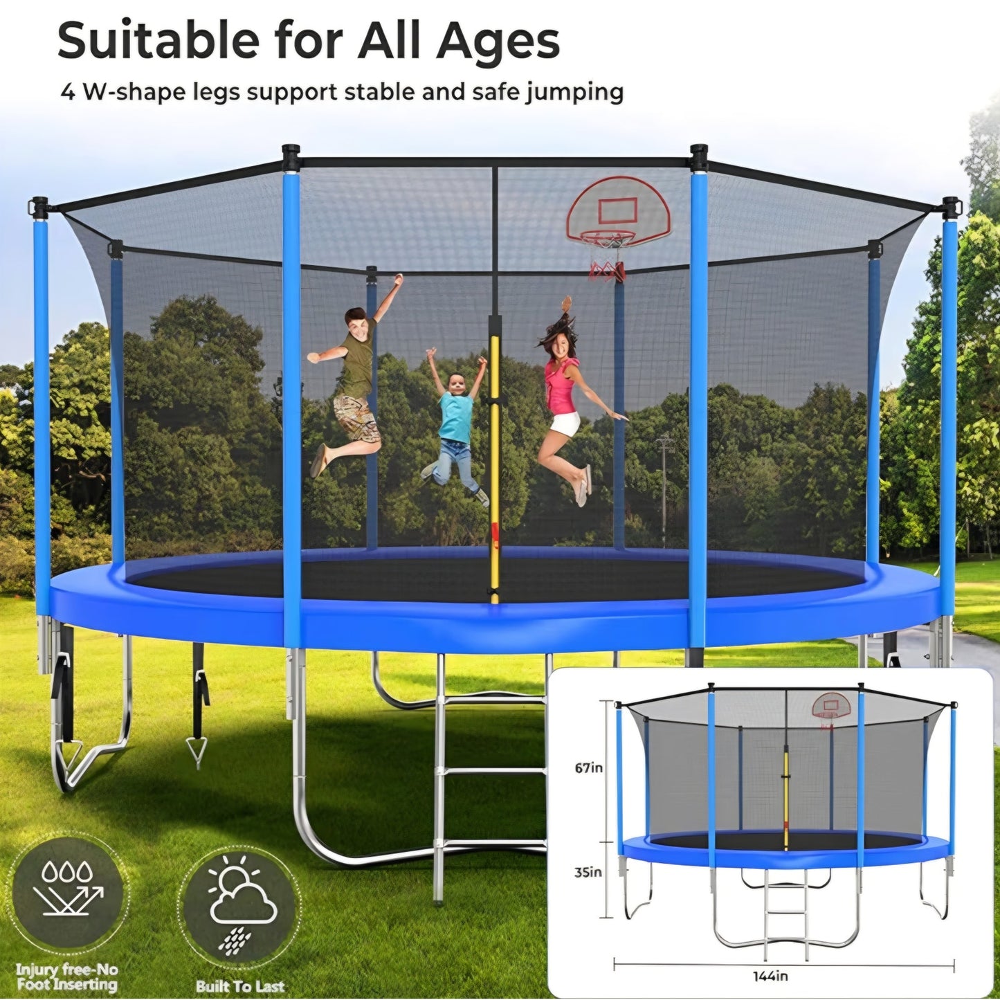 Lyromix Upgraded 12FT  Trampoline Outdoor with Basketball Hoop and Net, Capacity for 4-6 Kids