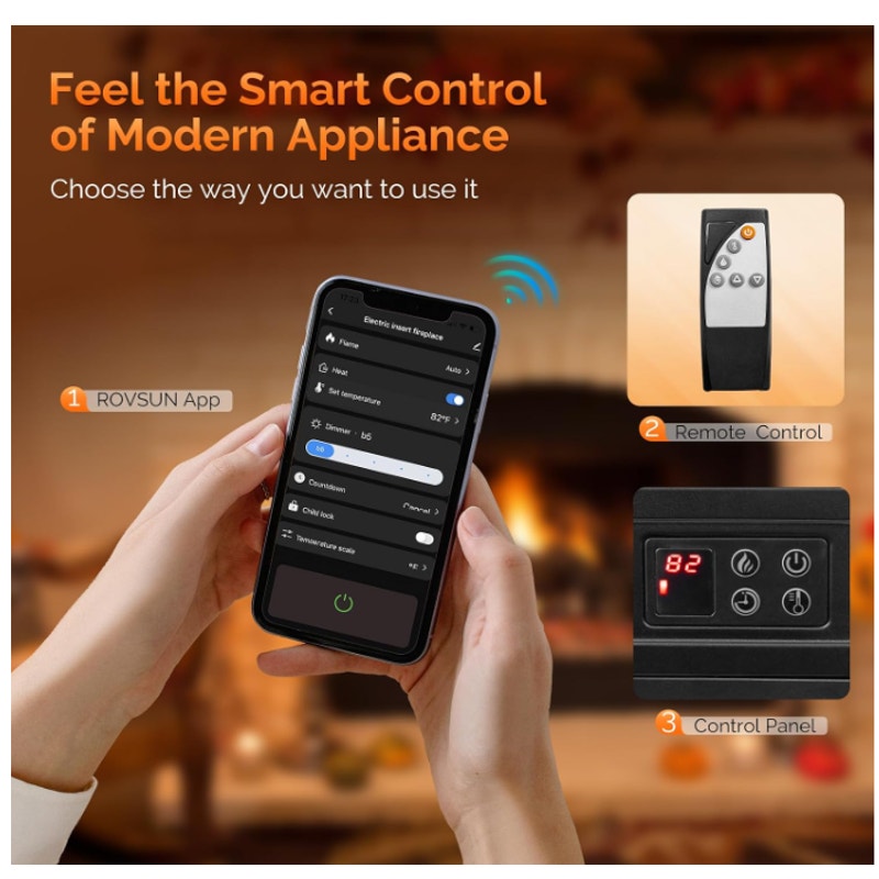 ROVSUN 23" Electric Fireplace Inserts with APP & Remote Control, 1400W Recessed Stove Heater