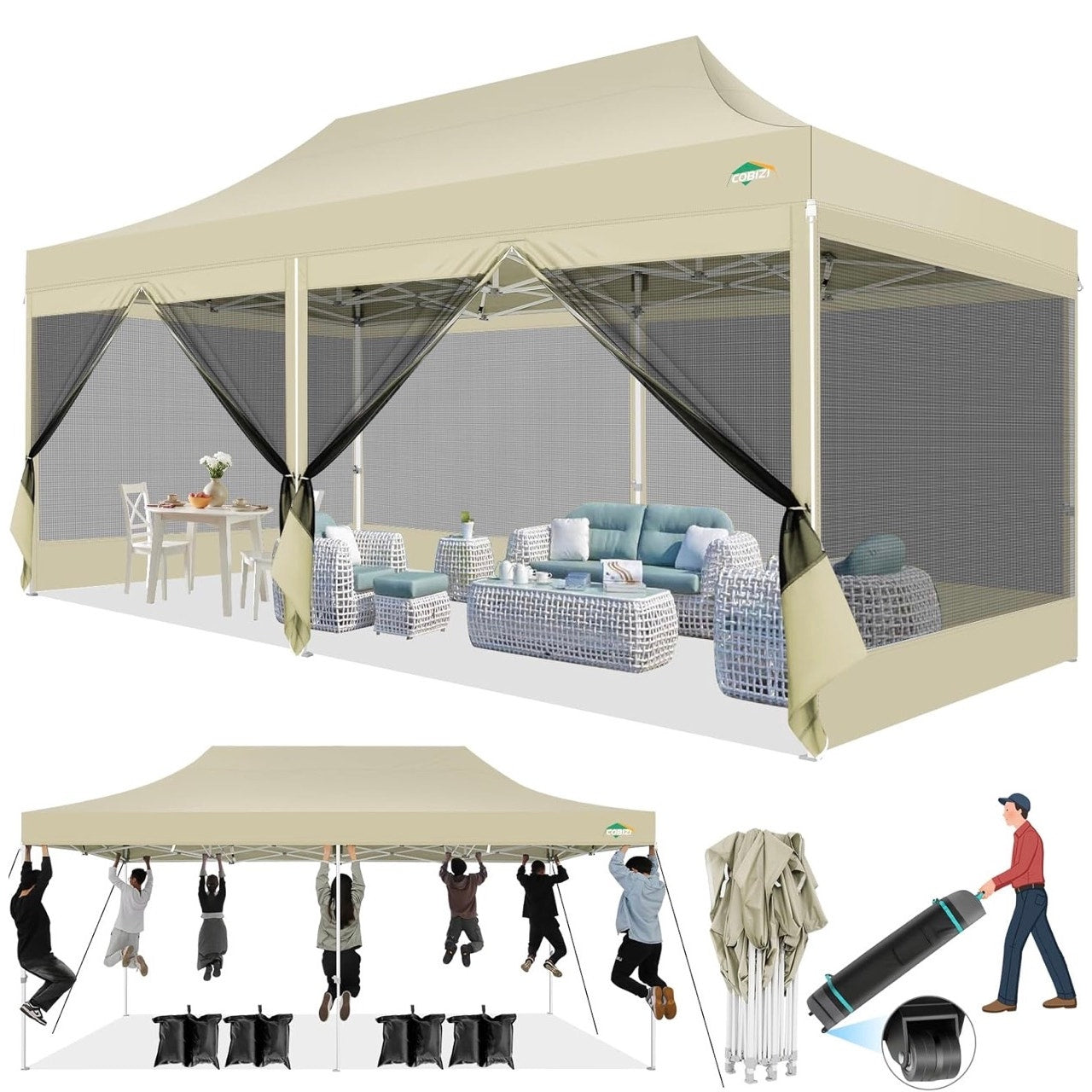 COBIZI 10x30 Canopy Tent, Heavy Duty Pop up Canopy with Sidewalls, Waterproof Easy Setup Canopy