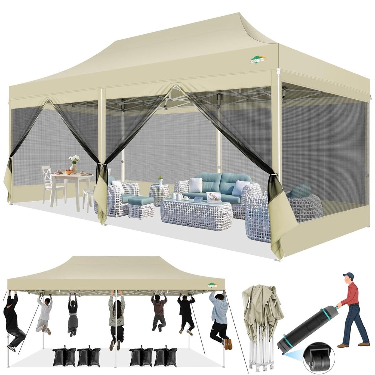 COBIZI 10x30 Canopy Tent, Heavy Duty Pop up Canopy with Sidewalls, Waterproof Easy Setup Canopy